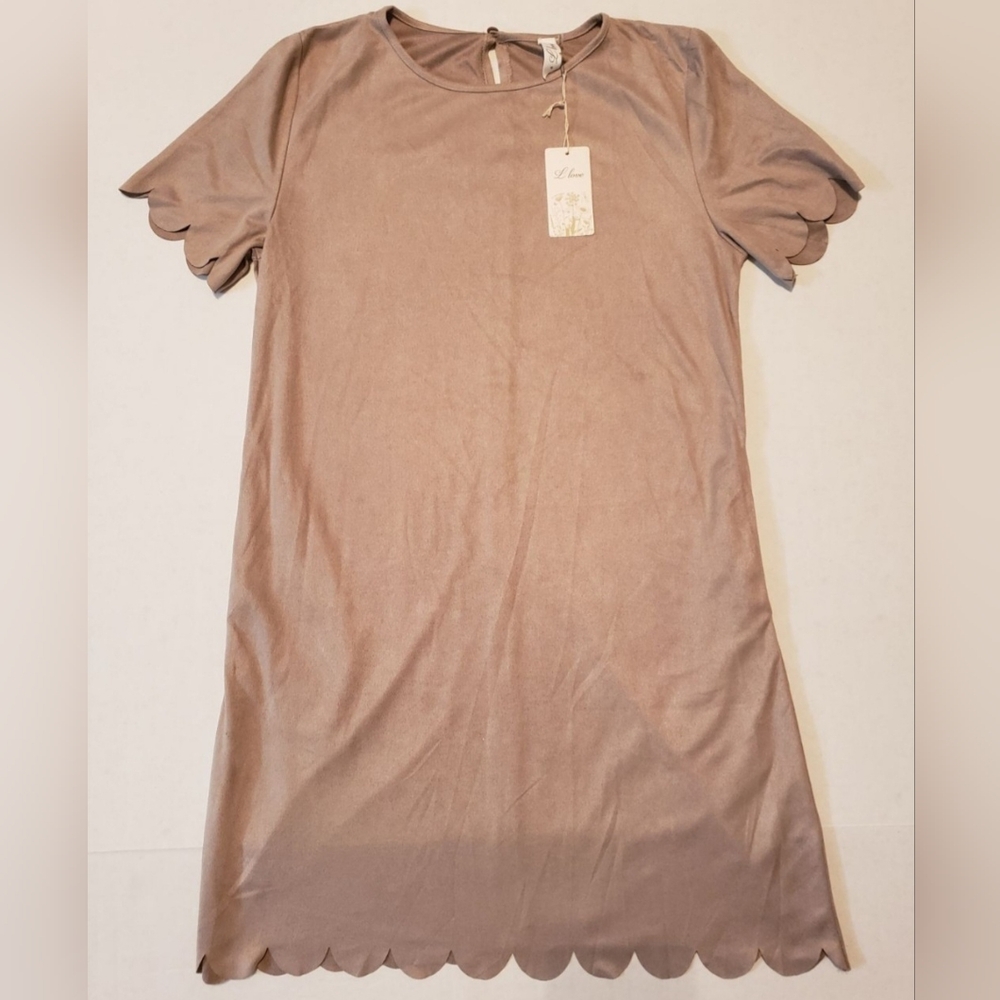 L Love Tan Lightweight Velvety Dress With Scalloped Hem And Sleeves